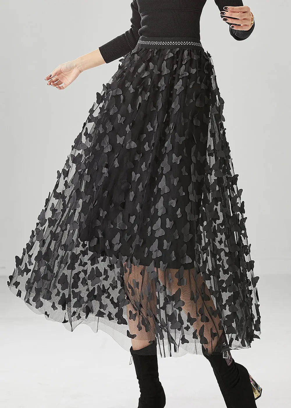 Handmade Black Butterfly Appliqued Tulle Skirts Fall Ada Fashion