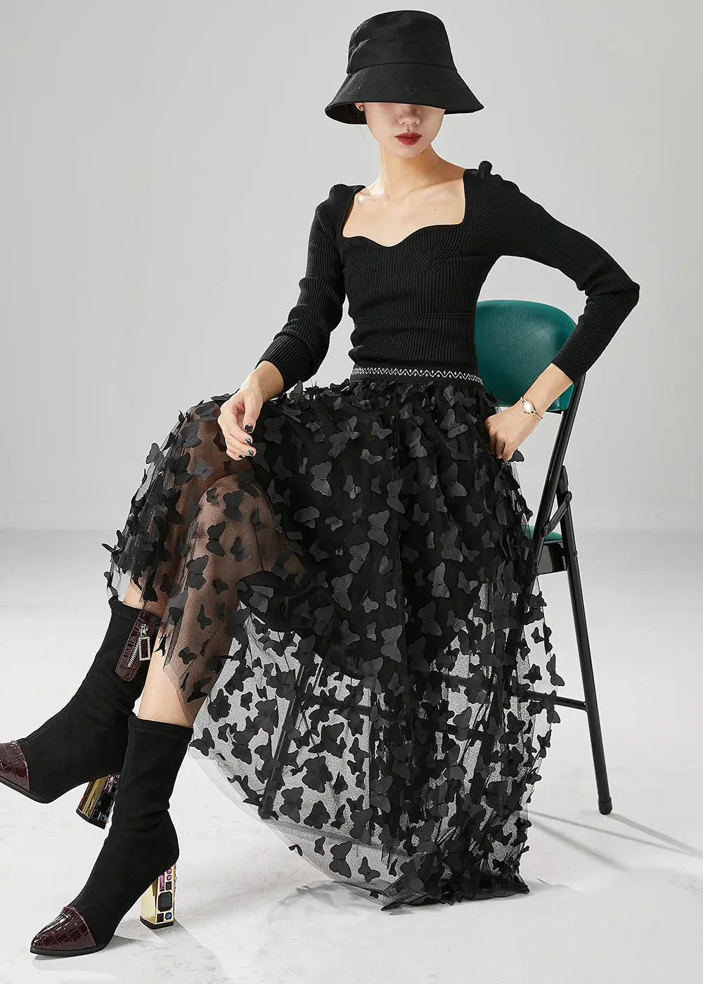 Handmade Black Butterfly Appliqued Tulle Skirts Fall Ada Fashion