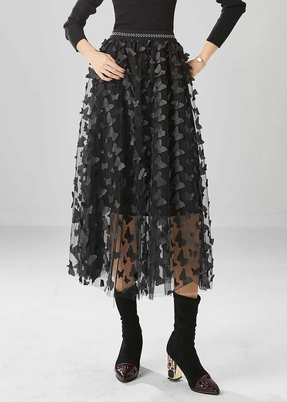 Handmade Black Butterfly Appliqued Tulle Skirts Fall Ada Fashion