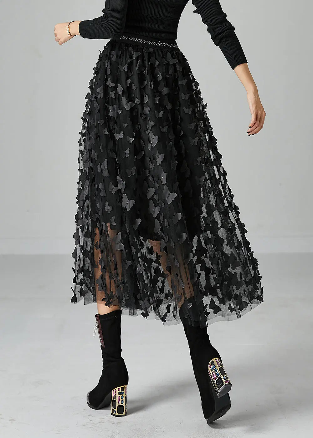 Handmade Black Butterfly Appliqued Tulle Skirts Fall Ada Fashion