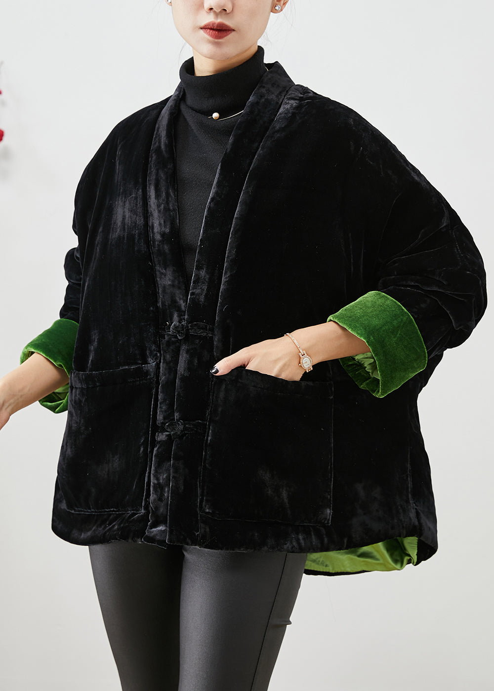 Handmade Black Chinese Button Thick Cotton Filled Silk Velour Coats Winter Ada Fashion