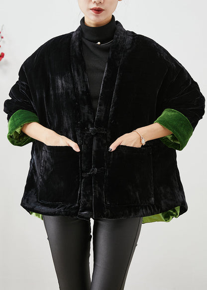 Handmade Black Chinese Button Thick Cotton Filled Silk Velour Coats Winter Ada Fashion