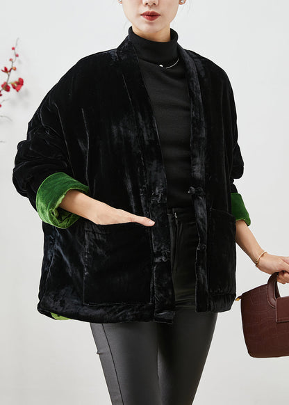 Handmade Black Chinese Button Thick Cotton Filled Silk Velour Coats Winter Ada Fashion