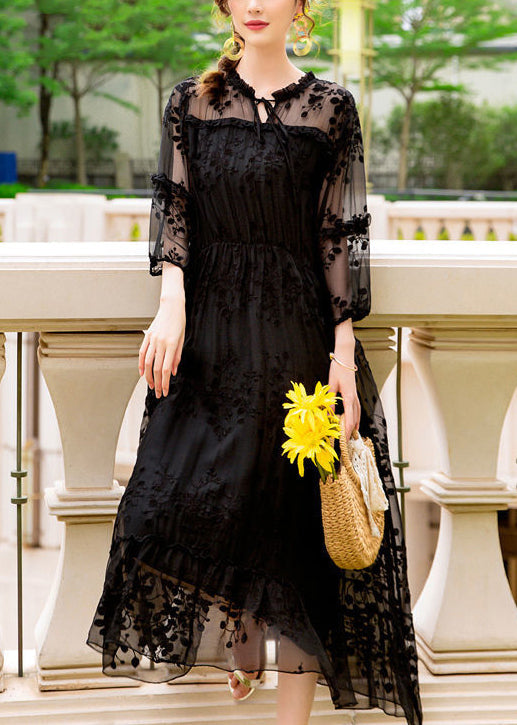 Handmade Black Embroideried Hollow Out Silk Dress Summer LY0955 - fabuloryshop