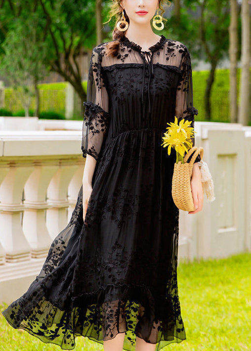 Handmade Black Embroideried Hollow Out Silk Dress Summer LY0955 - fabuloryshop