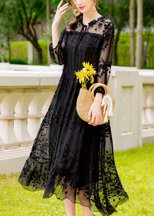 Handmade Black Embroideried Hollow Out Silk Dress Summer LY0955 - fabuloryshop