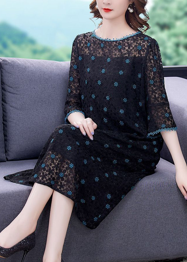 Handmade Black Embroideried Hollow Out Silk Maxi Dresses Flare Sleeve LY0703