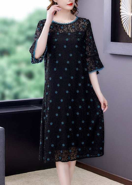 Handmade Black Embroideried Hollow Out Silk Maxi Dresses Flare Sleeve LY0703