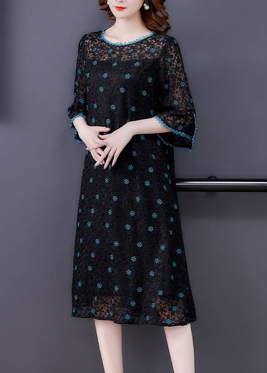 Handmade Black Embroideried Hollow Out Silk Maxi Dresses Flare Sleeve LY0703 - fabuloryshop