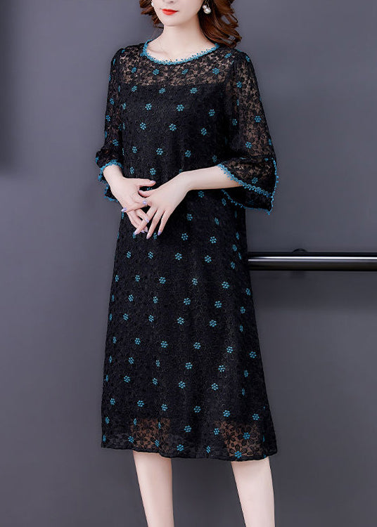 Handmade Black Embroideried Hollow Out Silk Maxi Dresses Flare Sleeve AC3009