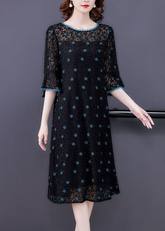 Handmade Black Embroideried Hollow Out Silk Maxi Dresses Flare Sleeve LY0703 - fabuloryshop