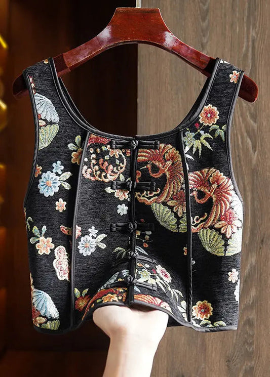 Handmade Black Embroideried Patchwork Cotton Vest Sleeveless Ada Fashion