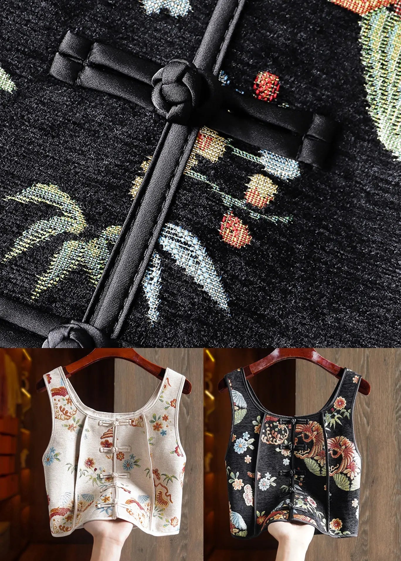 Handmade Black Embroideried Patchwork Cotton Vest Sleeveless Ada Fashion