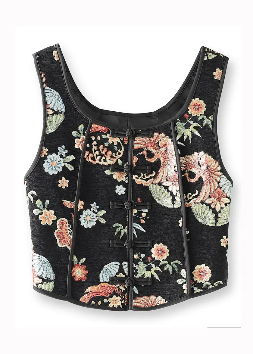 Handmade Black Embroideried Patchwork Cotton Vest Sleeveless Ada Fashion