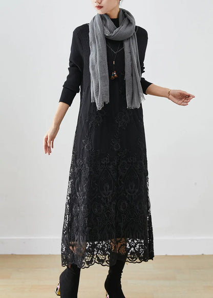 Handmade Black Embroideried Patchwork Knit Dress Fall Ada Fashion