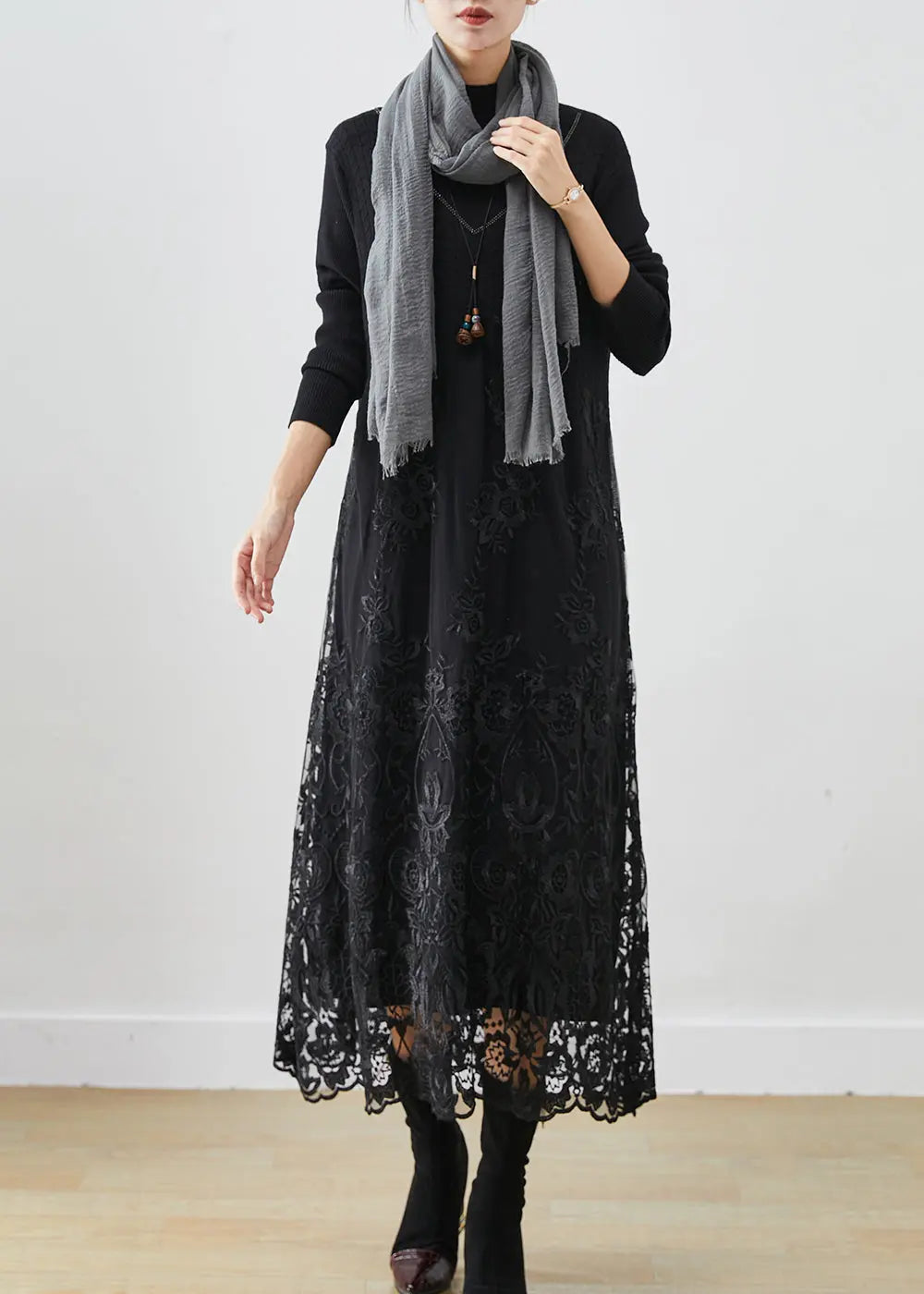 Handmade Black Embroideried Patchwork Knit Dress Fall Ada Fashion