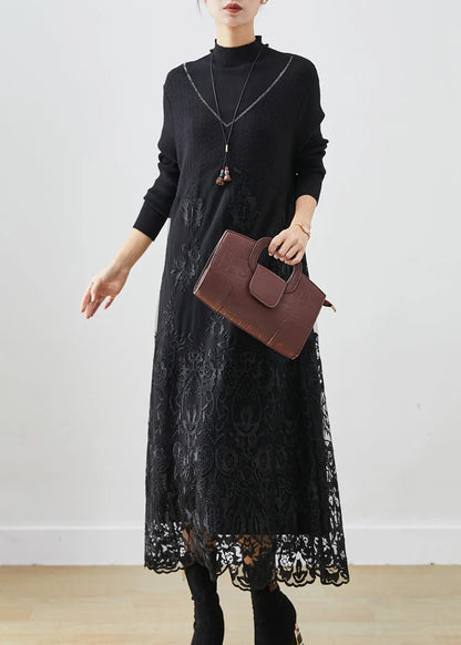 Handmade Black Embroideried Patchwork Knit Dress Fall Ada Fashion