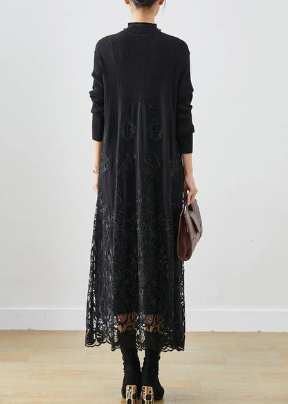 Handmade Black Embroideried Patchwork Knit Dress Fall Ada Fashion