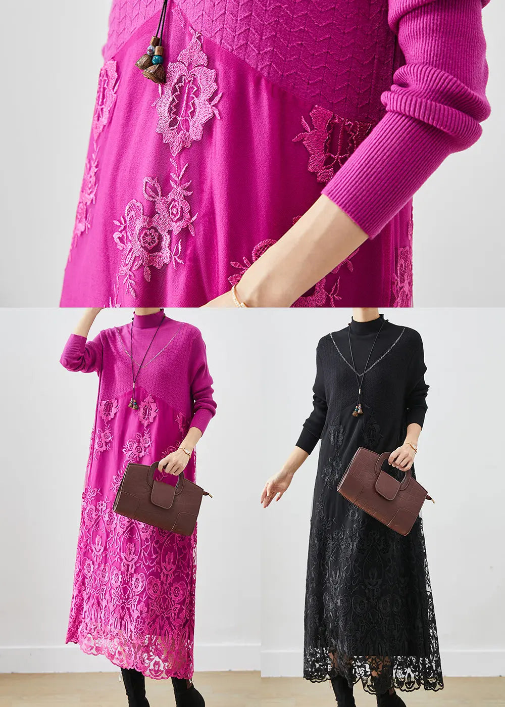 Handmade Black Embroideried Patchwork Knit Dress Fall Ada Fashion