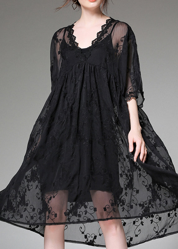 Handmade Black Embroideried Patchwork Tulle Two-Piece Set Dress Summer TF1036 - fabuloryshop