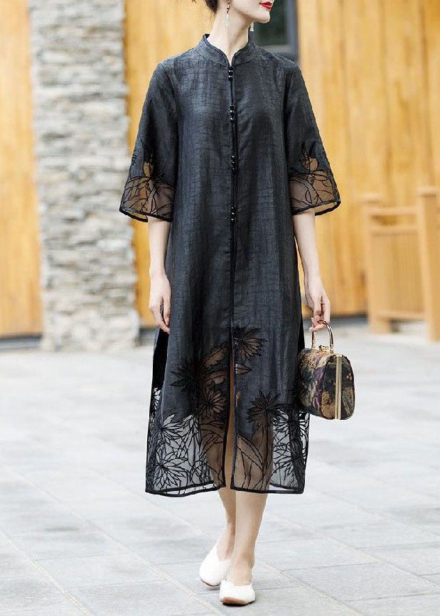 Handmade Black Embroideried Side Open Patchwork Silk Trench Summer LY4454 - fabuloryshop
