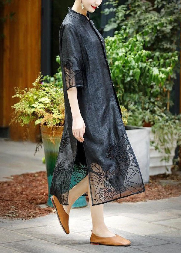 Handmade Black Embroideried Side Open Patchwork Silk Trench Summer LY4454 - fabuloryshop