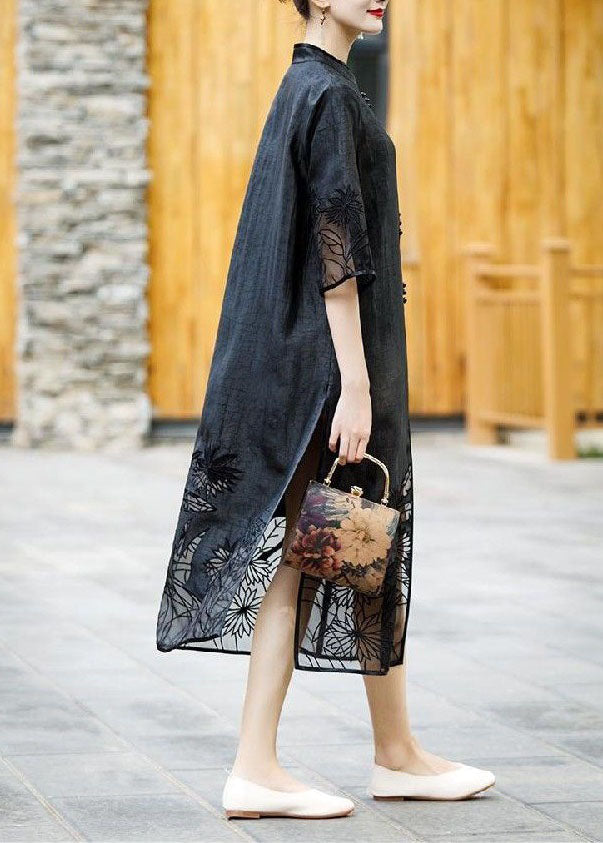 Handmade Black Embroideried Side Open Patchwork Silk Trench Summer LY4454 - fabuloryshop