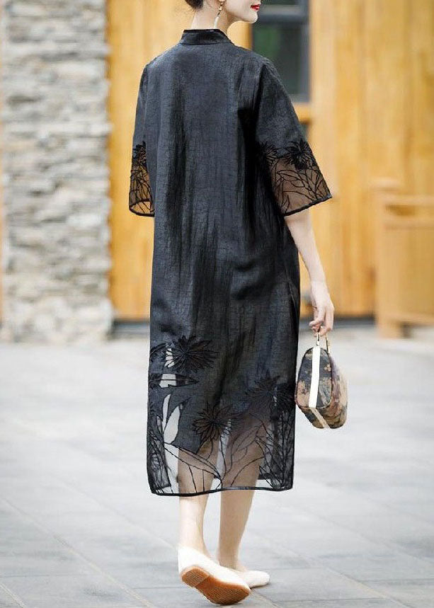Handmade Black Embroideried Side Open Patchwork Silk Trench Summer LY4454 - fabuloryshop