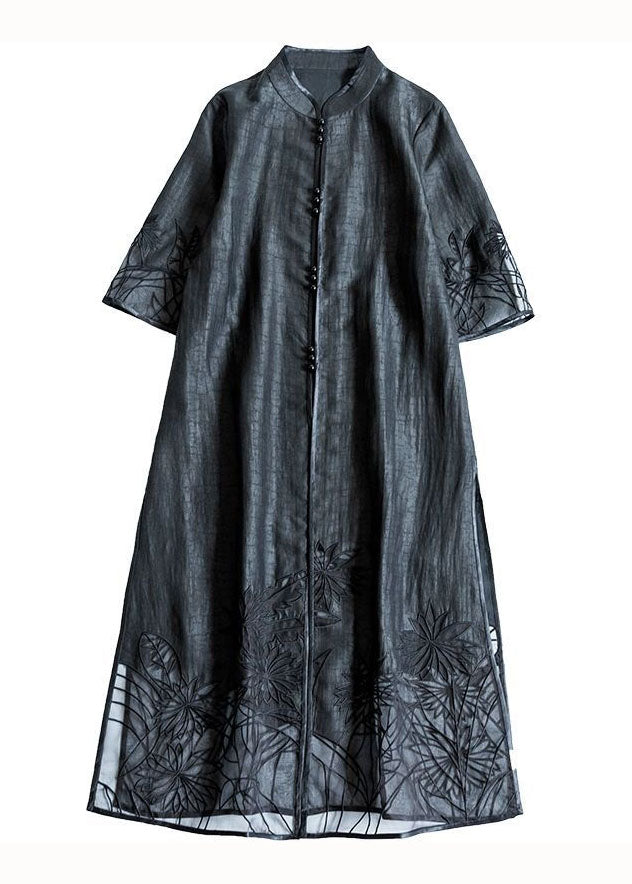 Handmade Black Embroideried Side Open Patchwork Silk Trench Summer LY4454 - fabuloryshop