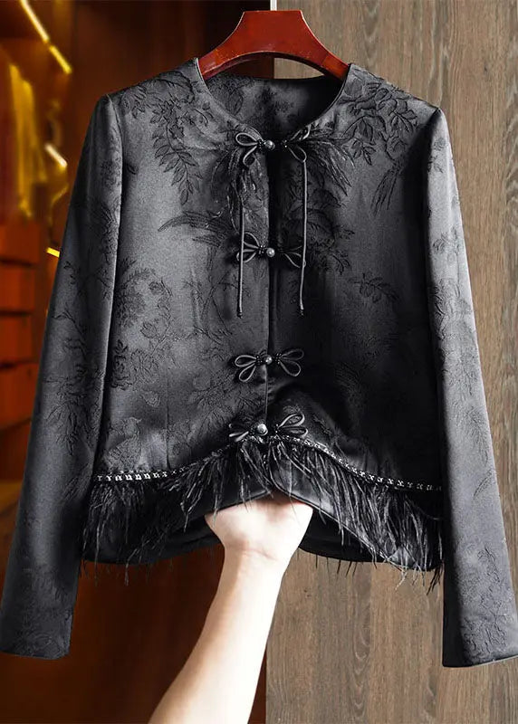 Handmade Black Embroideried Tassel Silk Top Fall Ada Fashion