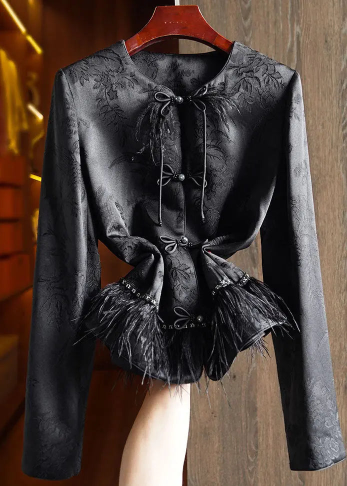 Handmade Black Embroideried Tassel Silk Top Fall Ada Fashion