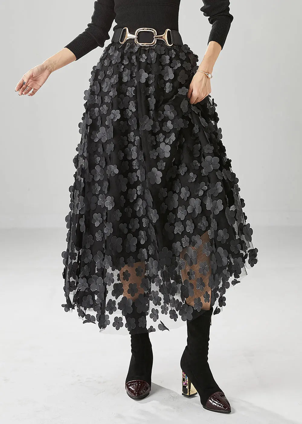 Handmade Black Floral Appliqued Tulle A Line Skirts Fall Ada Fashion