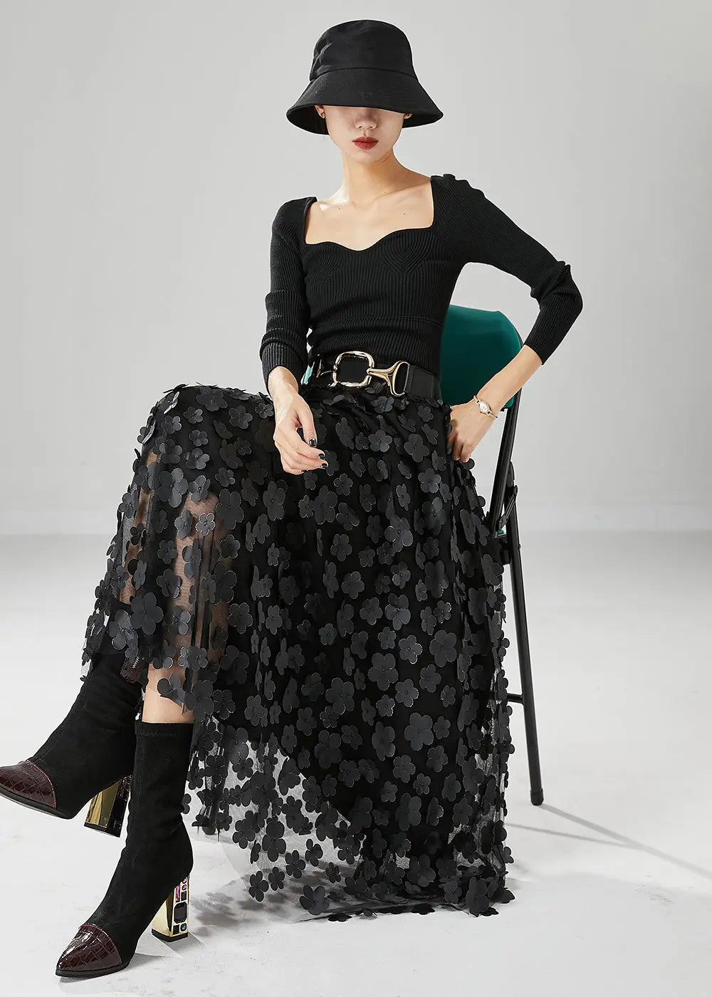 Handmade Black Floral Appliqued Tulle A Line Skirts Fall Ada Fashion