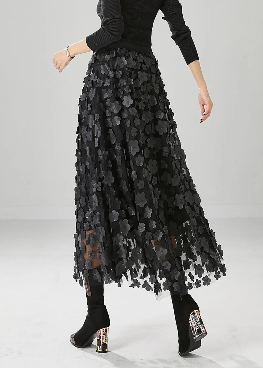 Handmade Black Floral Appliqued Tulle A Line Skirts Fall Ada Fashion