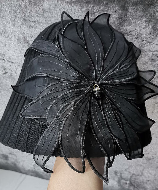 Handmade Black Floral Knit Bucket Hat LY524
