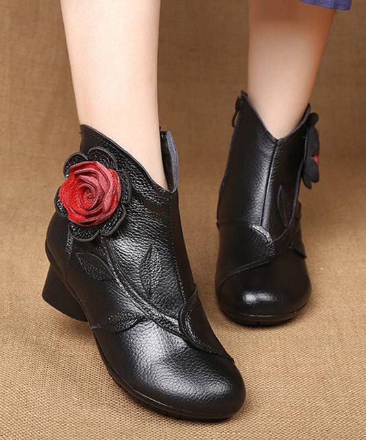 Handmade Black Floral Splicing Chunky Boots Ada Fashion