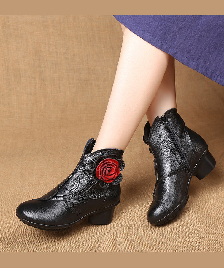 Handmade Black Floral Splicing Chunky Boots Ada Fashion