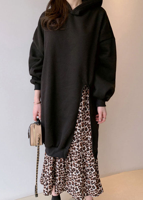 Handmade Black Hooded Patchwork Leopard False Two Pieces Cotton Dress Spring LY2196 - fabuloryshop