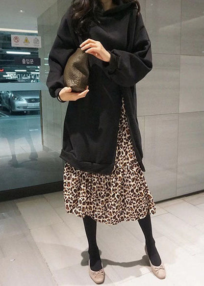 Handmade Black Hooded Patchwork Leopard False Two Pieces Cotton Dress Spring LY2196 - fabuloryshop