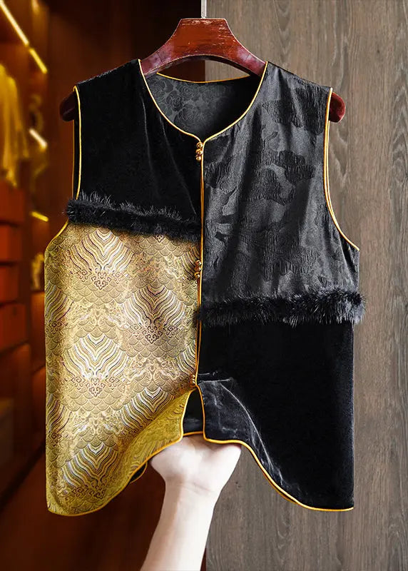 Handmade Black Jacquard Mink Hair Patchwork Silk Vest Sleeveless Ada Fashion