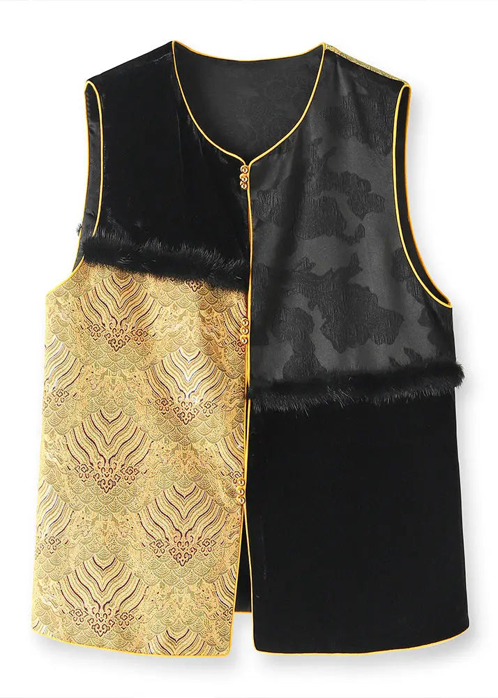 Handmade Black Jacquard Mink Hair Patchwork Silk Vest Sleeveless Ada Fashion