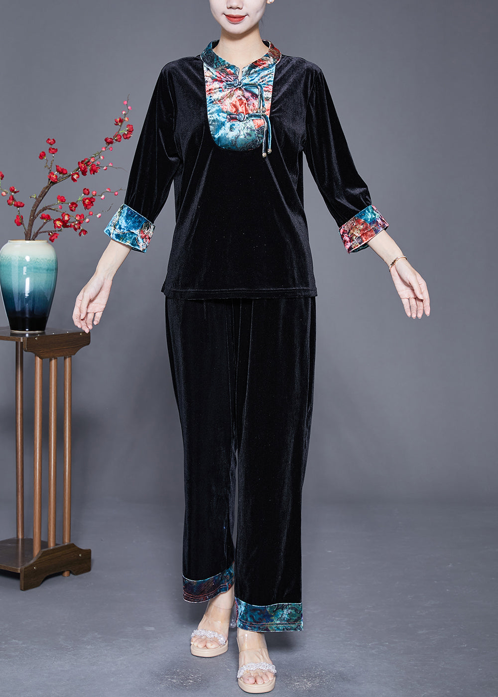 Handmade Black Mandarin Collar Patchwork Tassel Silk Velour Oriental Women Sets 2 Pieces Summer LY5385 - fabuloryshop