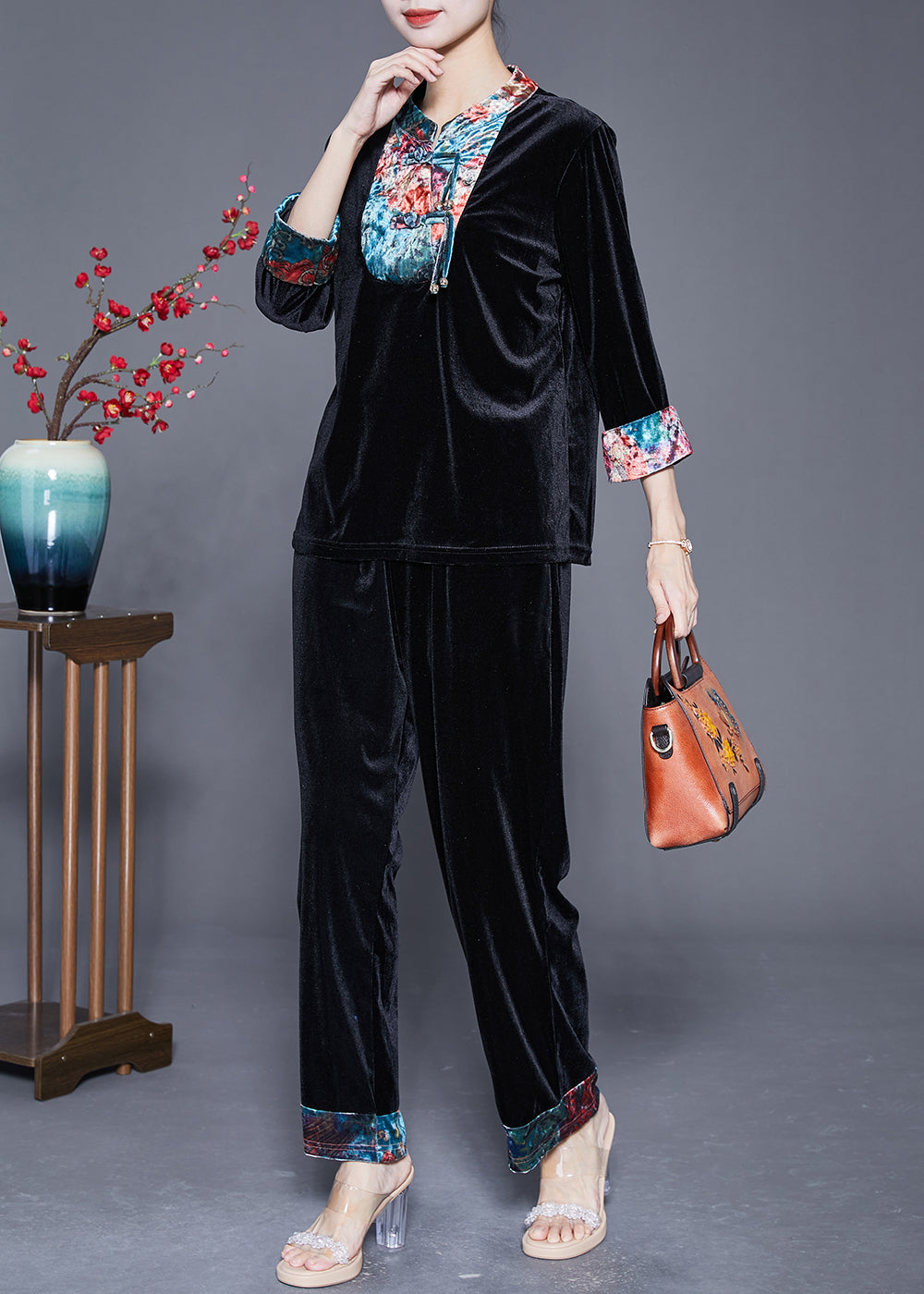 Handmade Black Mandarin Collar Patchwork Tassel Silk Velour Oriental Women Sets 2 Pieces Summer LY5385 - fabuloryshop