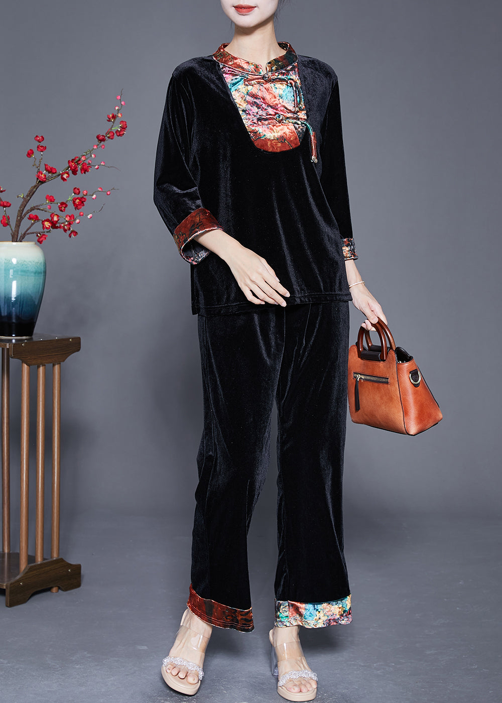 Handmade Black Mandarin Collar Patchwork Tassel Silk Velour Oriental Women Sets 2 Pieces Summer LY5385 - fabuloryshop
