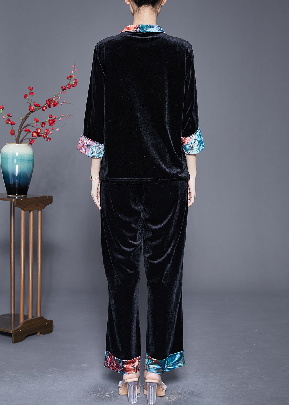 Handmade Black Mandarin Collar Patchwork Tassel Silk Velour Oriental Women Sets 2 Pieces Summer LY5385 - fabuloryshop
