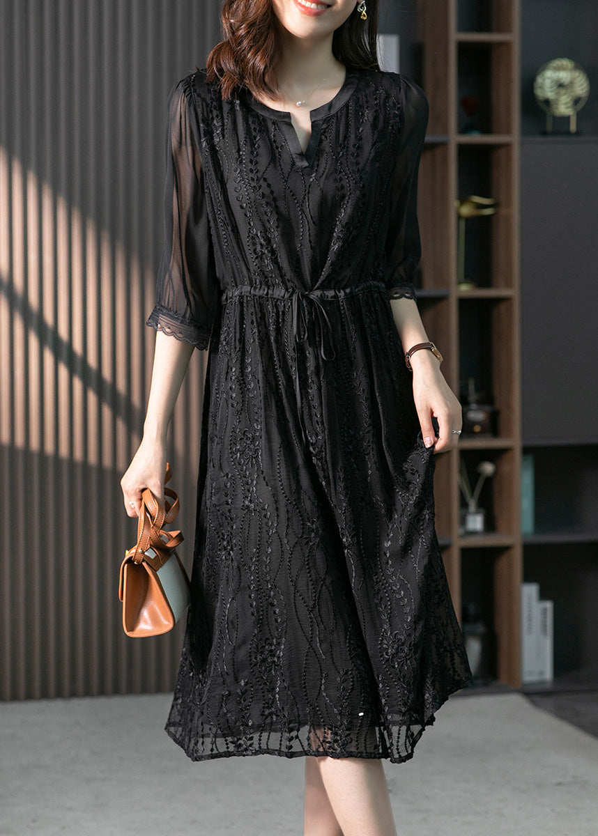 Handmade Black O-Neck Lace Patchwork Tie Waist Silk Maxi Dress Summer LY1733 - fabuloryshop