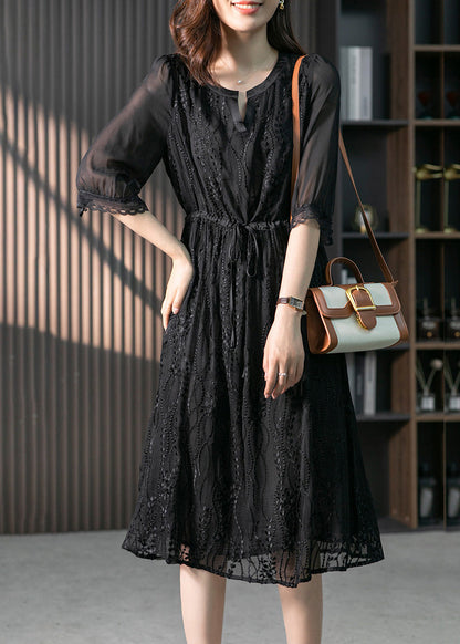 Handmade Black O-Neck Lace Patchwork Tie Waist Silk Maxi Dress Summer LY1733 - fabuloryshop