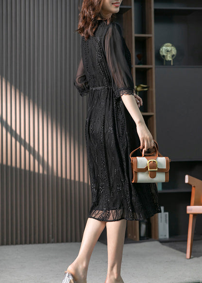 Handmade Black O-Neck Lace Patchwork Tie Waist Silk Maxi Dress Summer LY1733 - fabuloryshop