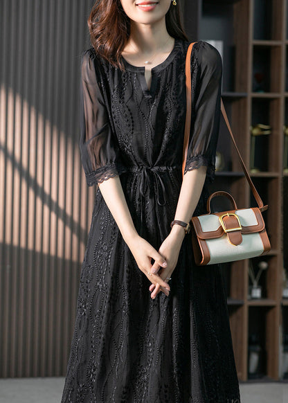 Handmade Black O-Neck Lace Patchwork Tie Waist Silk Maxi Dress Summer LY1733 - fabuloryshop