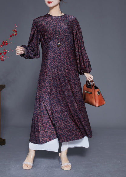 Handmade Black O-Neck Patchwork Print Wrinkled Silk Dress Lantern Sleeve LY1834 - fabuloryshop